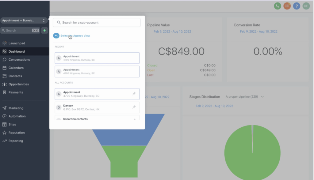 HighLevel dashboard