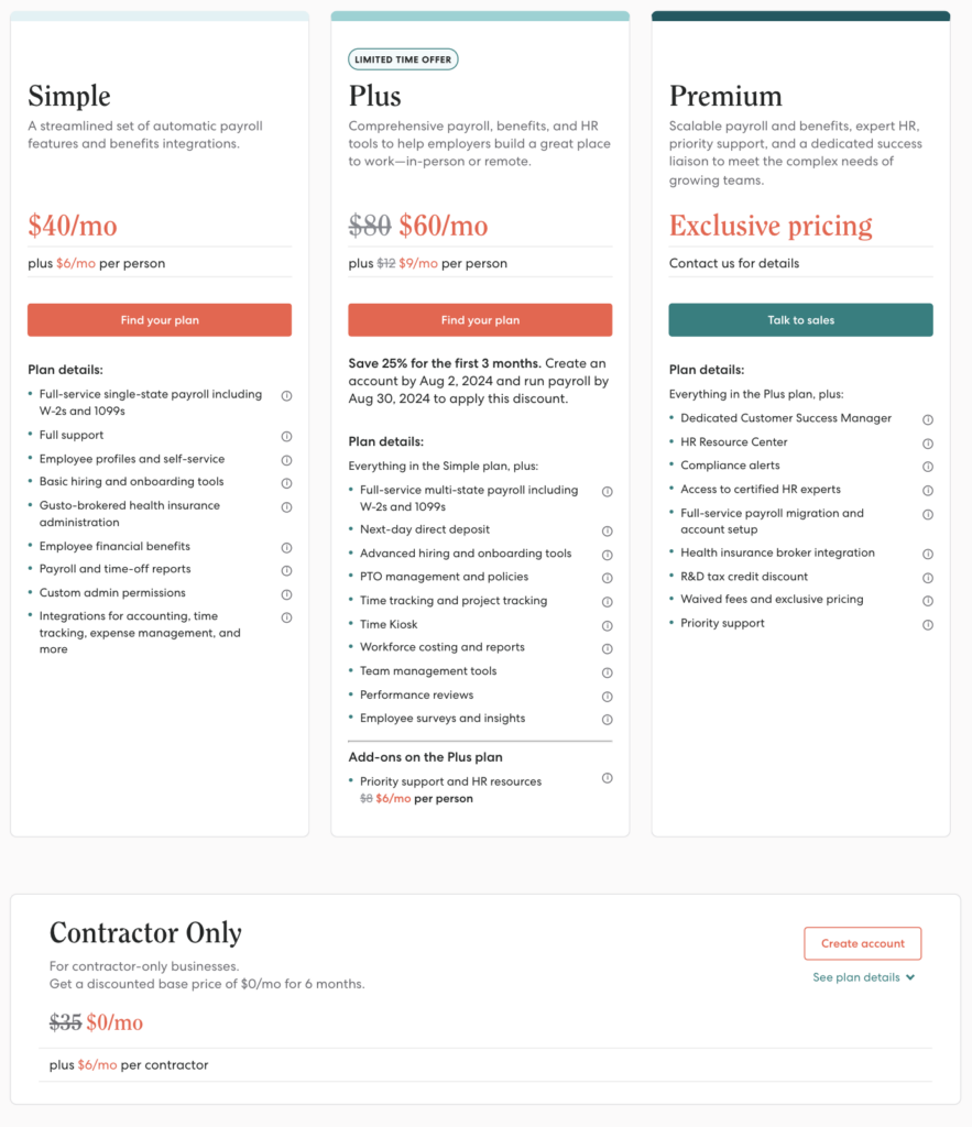 Gusto pricing plans 