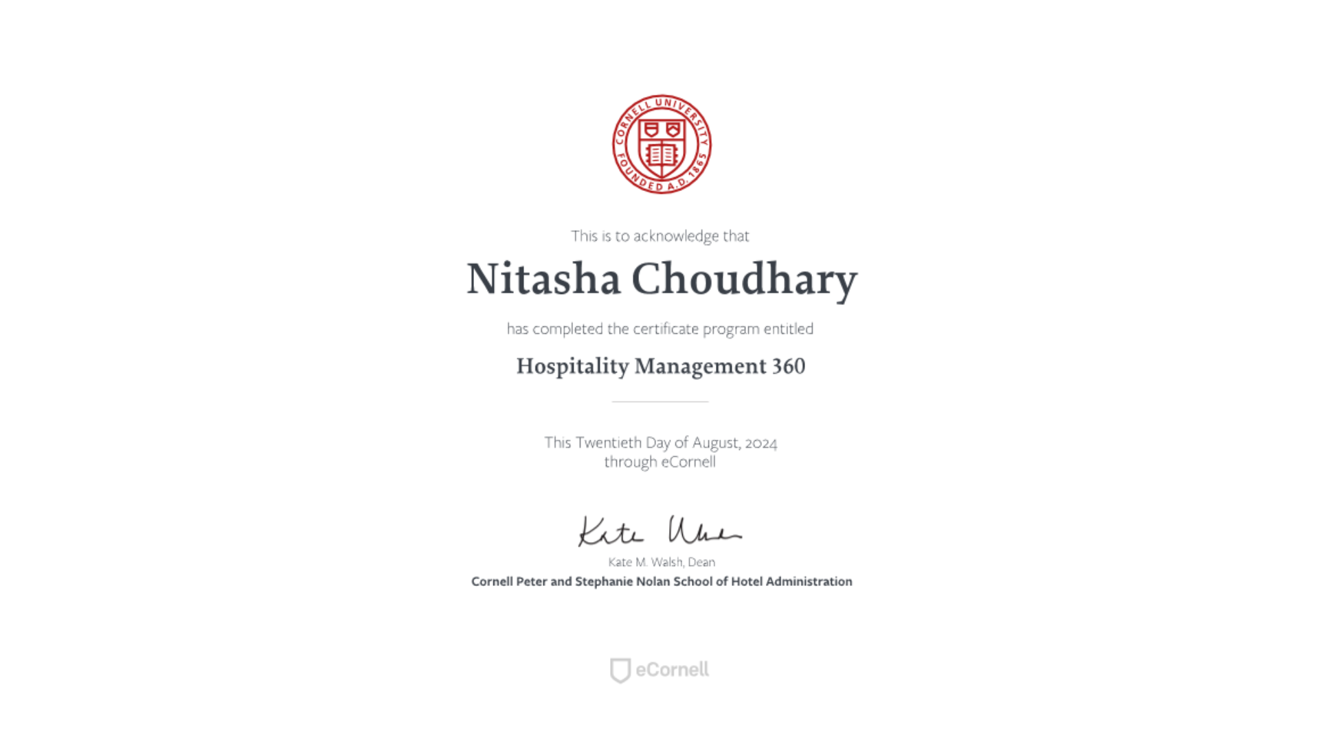 eCornell hospitality management Certificate