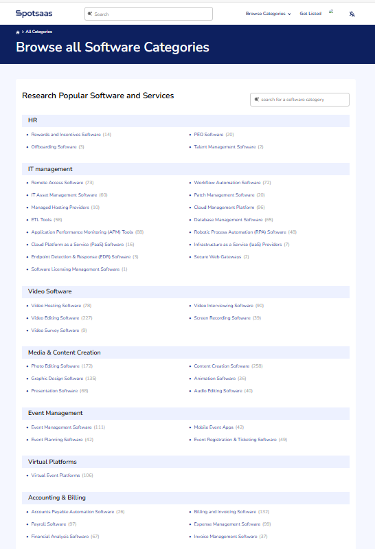 spotsaas - software categories page