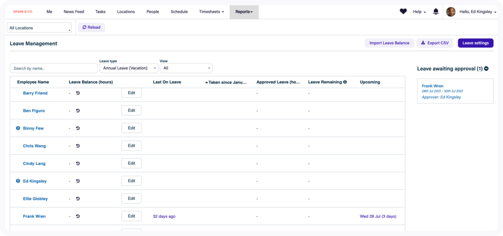 deputy dashboard - absence management software